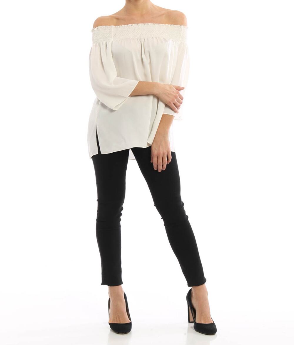 Theory Elistaire 100% Mulberry Silk Off Shoulder Blouse Ivory Petite P Luxury